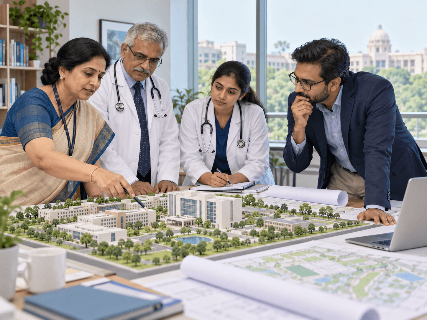 Medical and academic leaders reviewing a campus development model