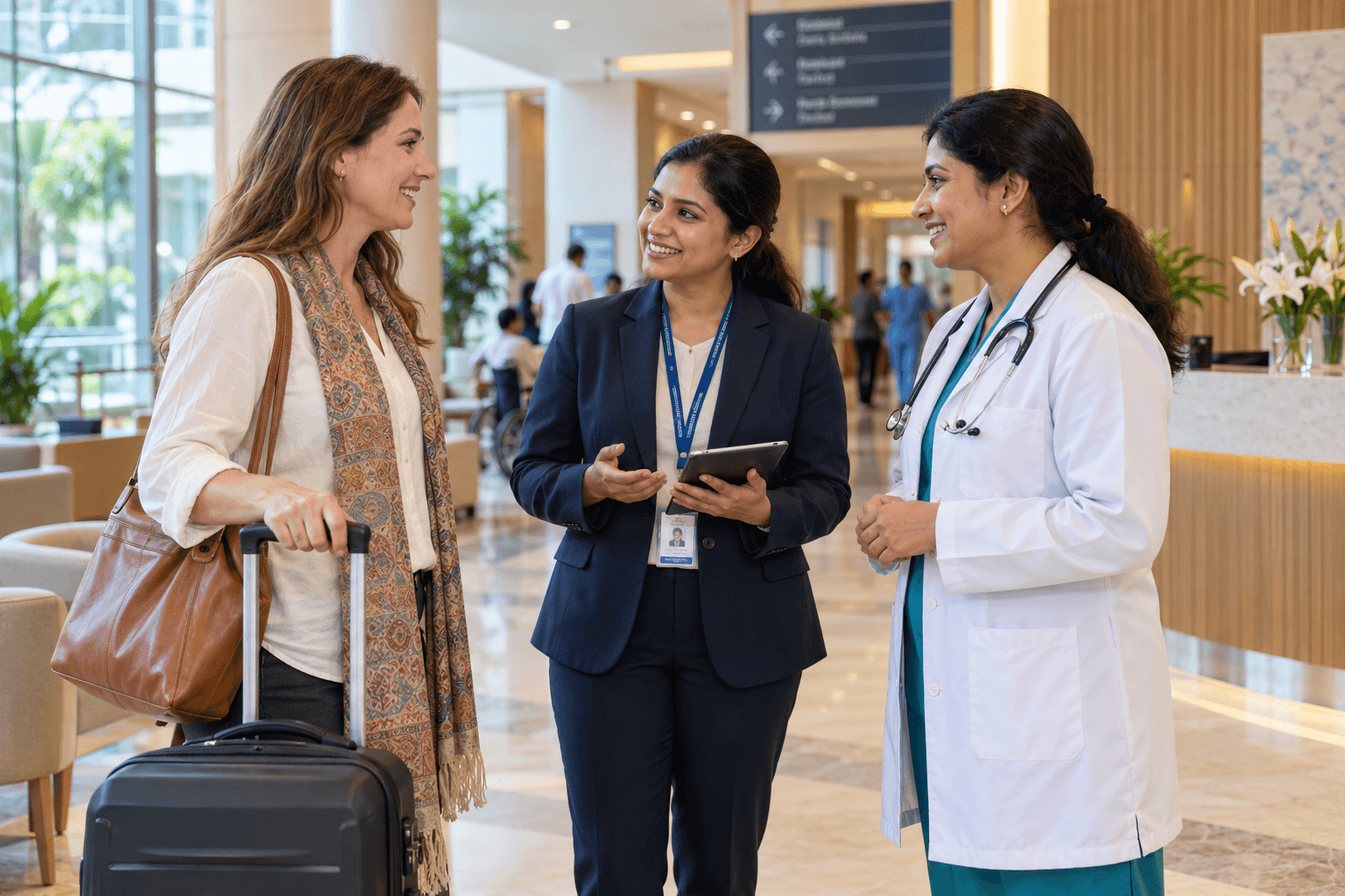 International patient speaking with a hospital liaison and doctor